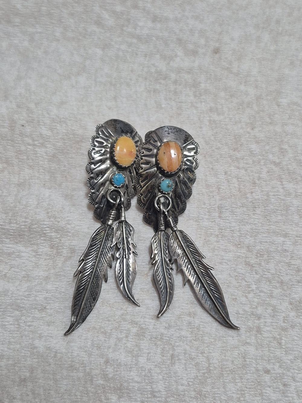 Vintage Running Bear RB Sterling Silver Turquoise Spiny Oyster Navajo Earrings